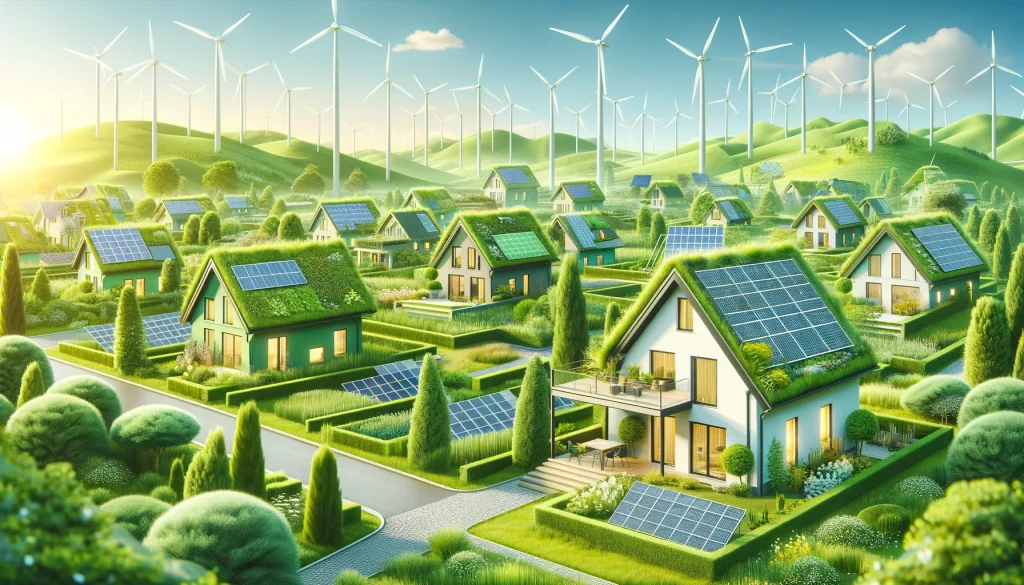 Erneuerbare Energien: Ein Einsteiger-Guide zu sauberer Energie für Ihr Zuhause! 2 Erneuerbare Energien: Nachhaltige Architektur mit ökofreundlichen Häusern, begrünten Dächern, Solarpaneelen und Windturbinen.