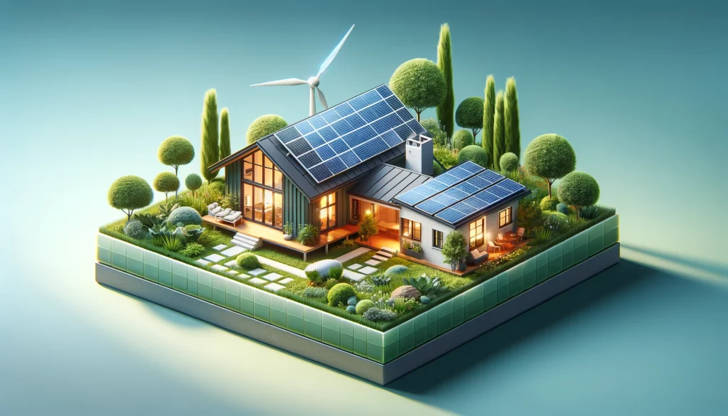 Erneuerbare Energien: Ein Einsteiger-Guide zu sauberer Energie für Ihr Zuhause! 1 Erneuerbare Energien: Modernes Haus mit Solarpaneelen und Windturbine, umgeben von Grün, symbolisiert nachhaltiges Wohnen.