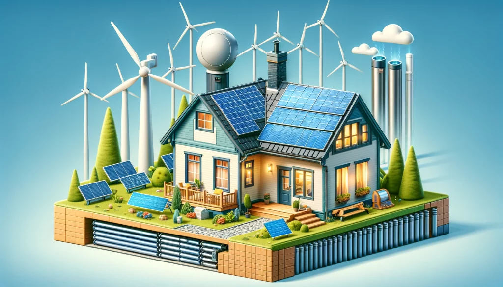 Erneuerbare Energien: Ein Einsteiger-Guide zu sauberer Energie für Ihr Zuhause! 3 Ein Zuhause ausgestattet mit Solarpanels, einer kleinen Windturbine und einem geothermischen Heizsystem, die die Vielfalt der Erneuerbare Energien darstellen.